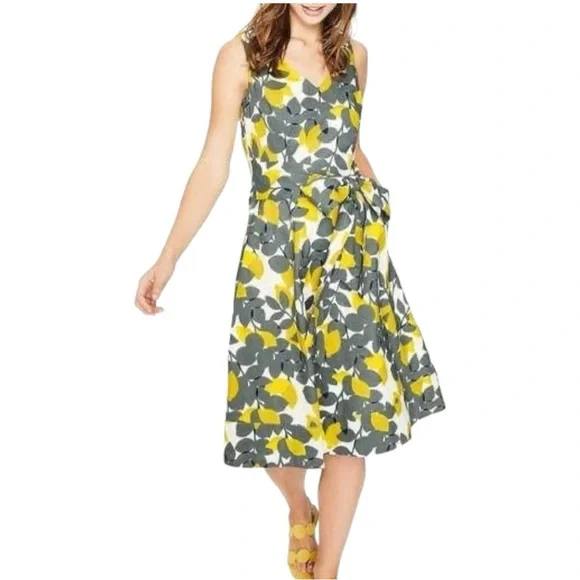Boden Jade Fit & Flare Linen Cotton Dress Lemon Print Lined V-neck Women Size 4L - Picture 1 of 16
